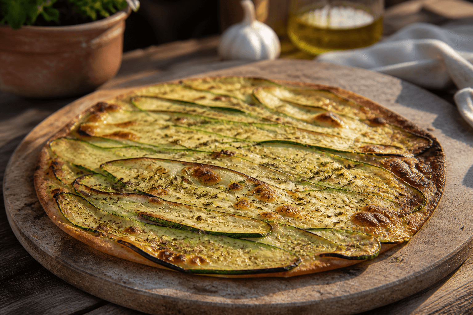 Tynd scarpaccia med zucchini bagt på stenen