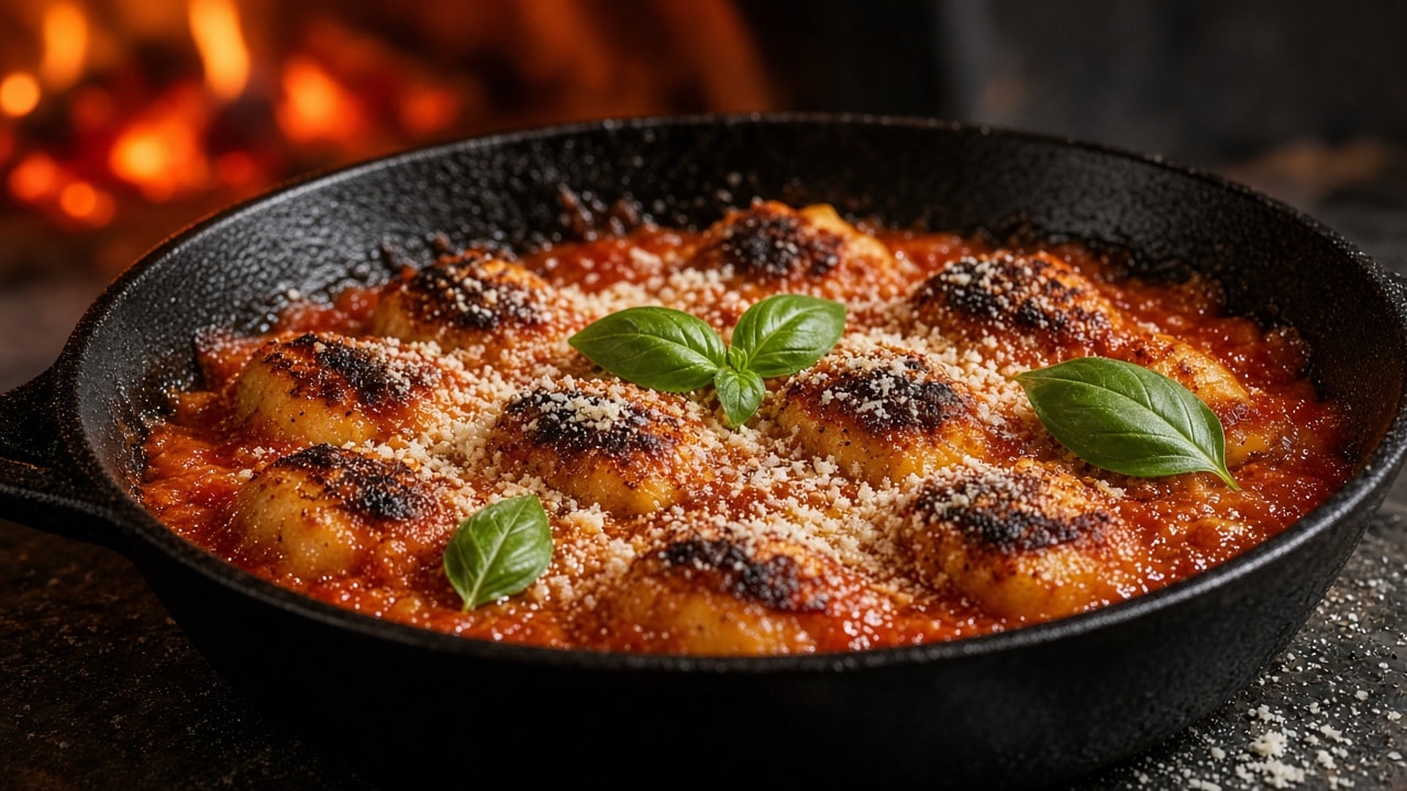 Skillet med hytteost-gnocchi i boblende tomatsauce