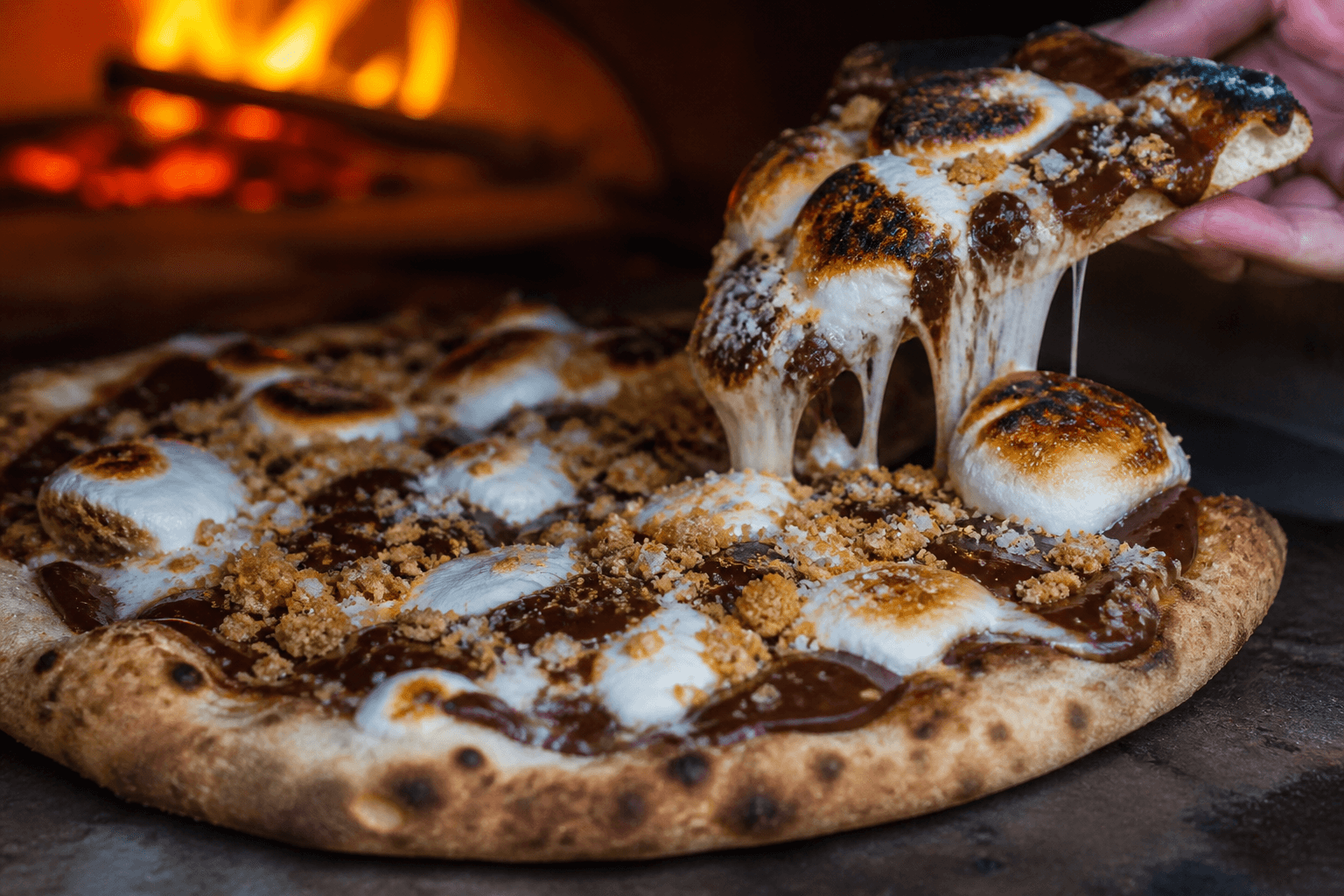 S'mores pizza med brændte skumfiduser og smeltet chokolade