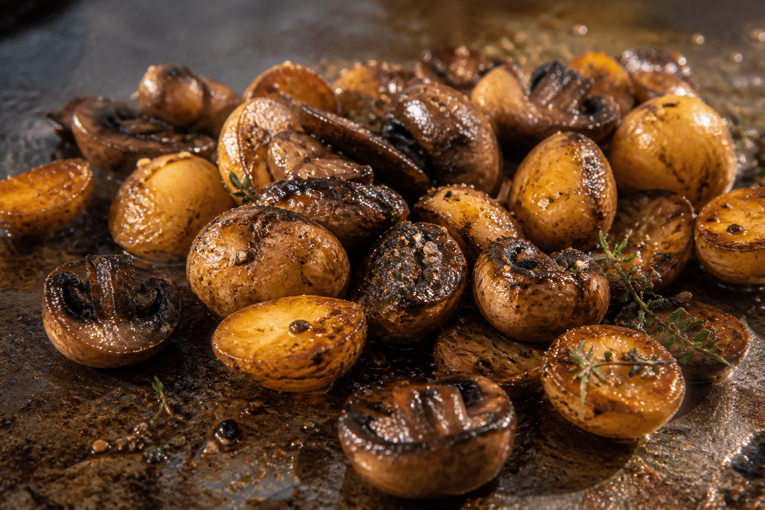 Balsamico-marinerede svampe og kartofler på plancha