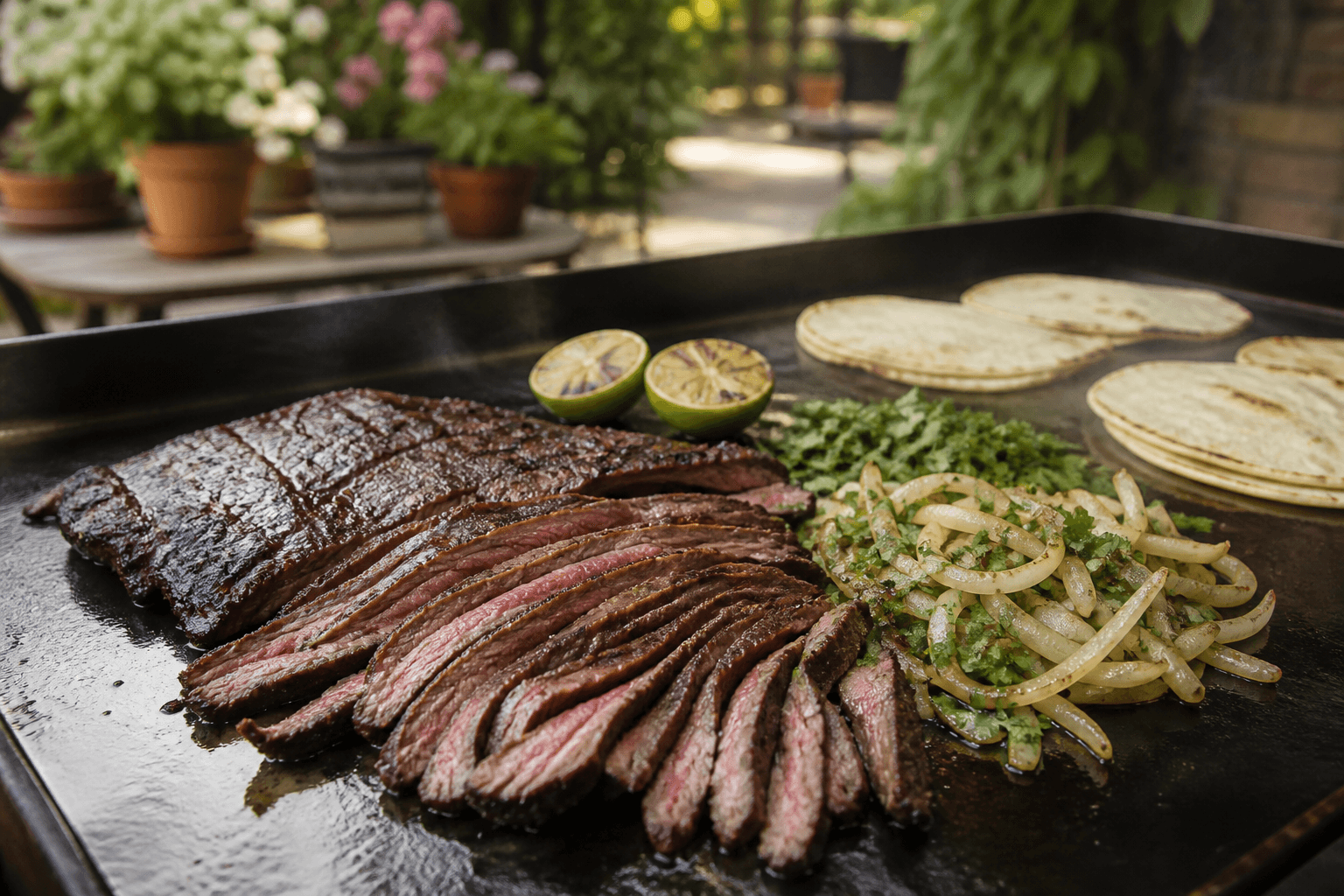 Carne Asada flanksteak skåret i skiver på plancha