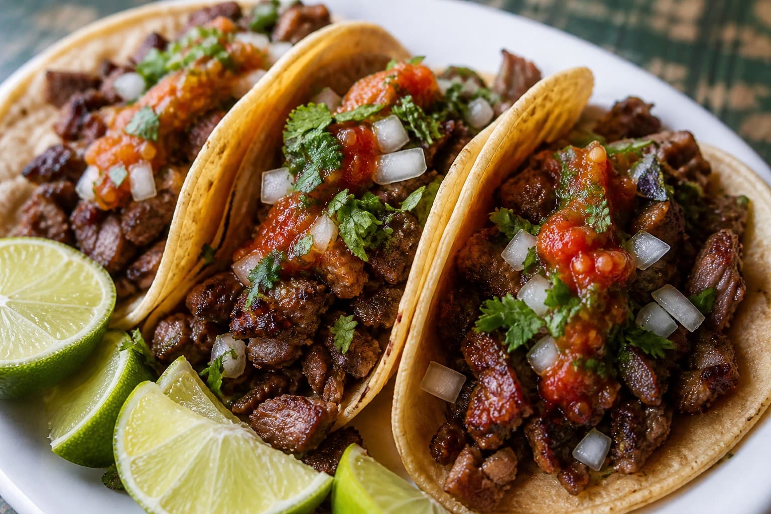 Carne asada tacos med hakket flanksteak på plancha