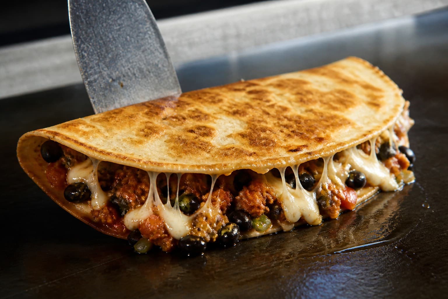 Cheesy chorizo quesafrijoles stegt sprøde på plancha