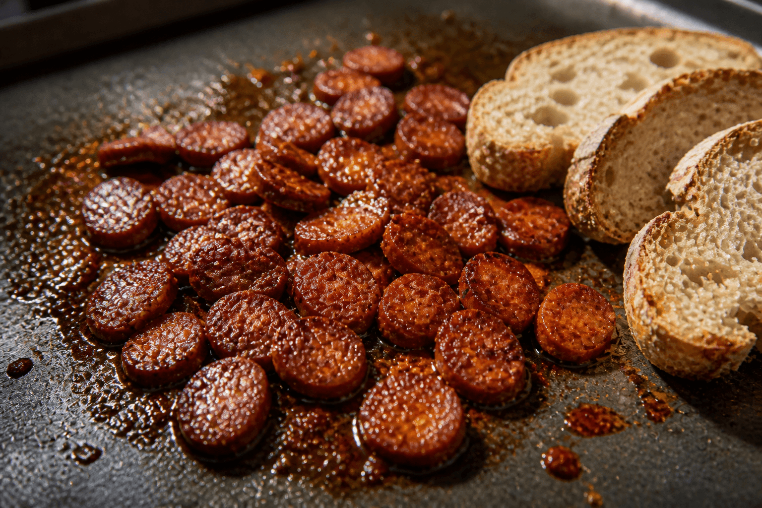 Stegt chorizo i skiver på plancha med brød ved siden af