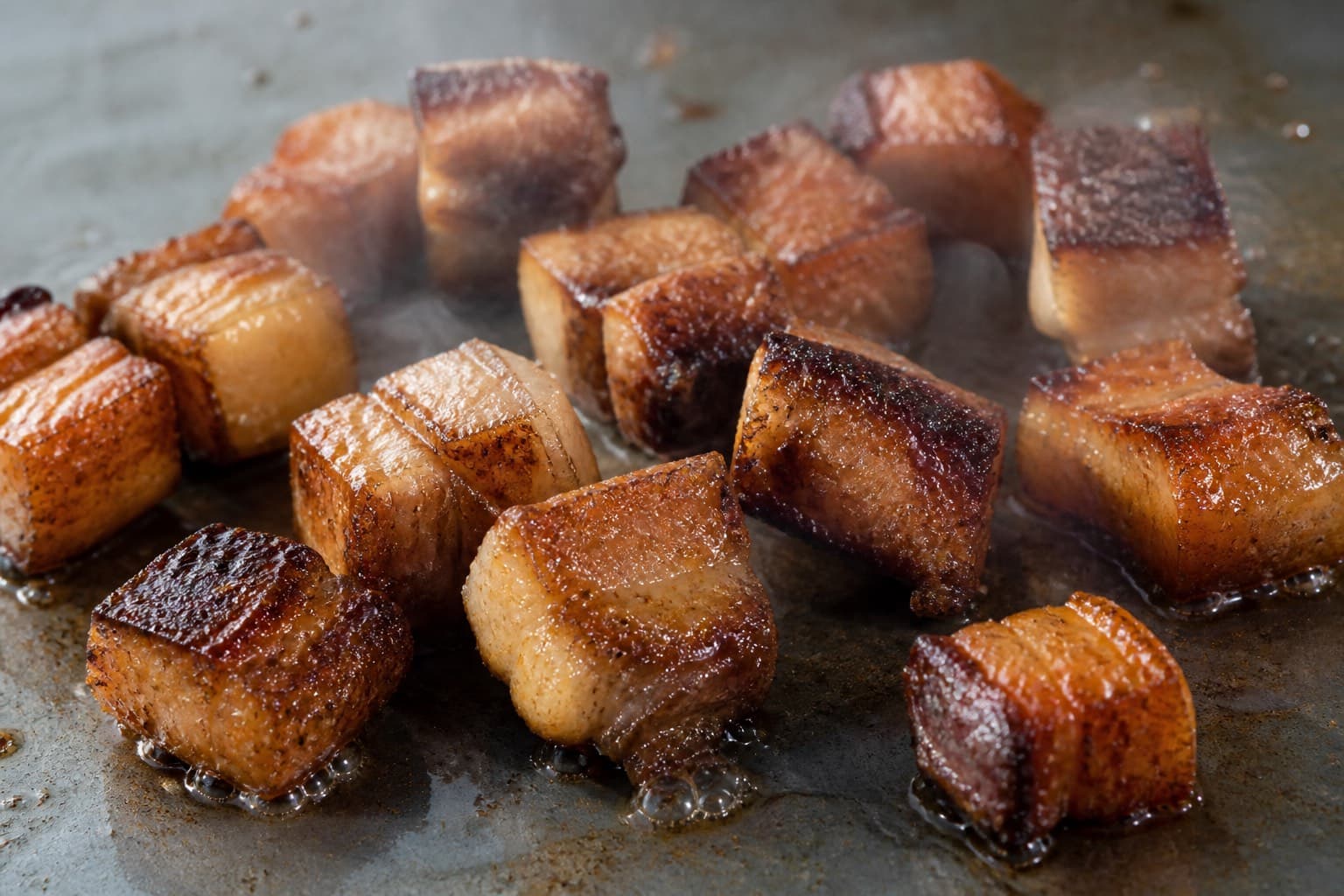 Crispy pork belly bites stegt sprøde på plancha