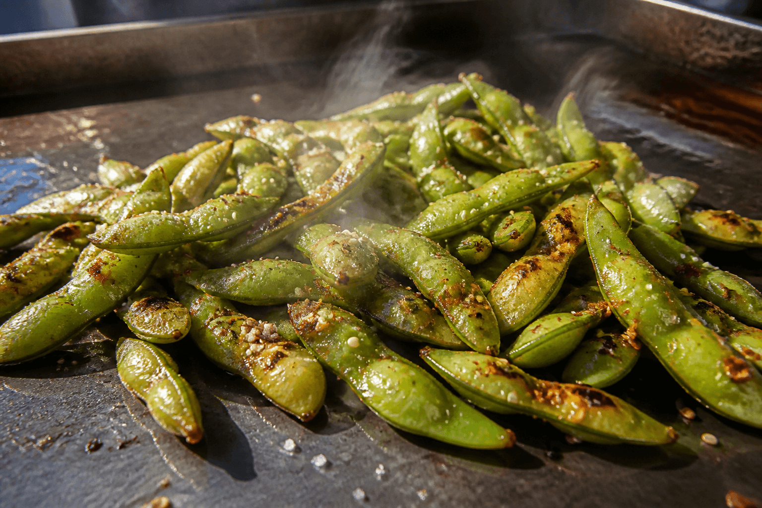 Edamamebønner på plancha med flagesalt, chili og sesam