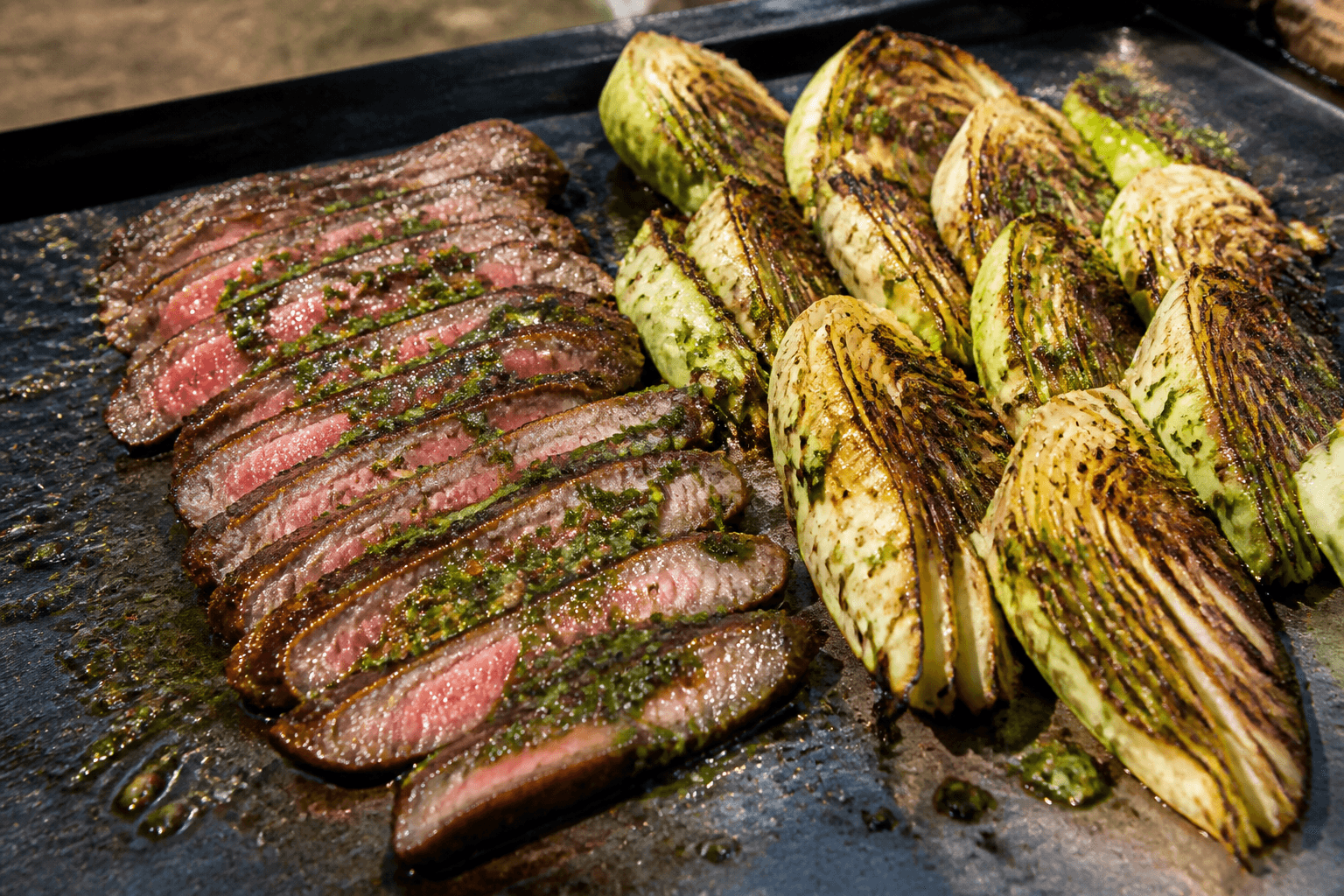 Tynde skiver flanksteak med sveden spidskål og chimichurri