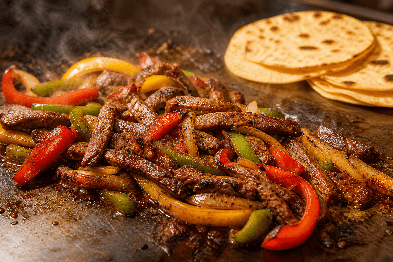 Flanksteak fajitas i tynde skiver på plancha med peberfrugt