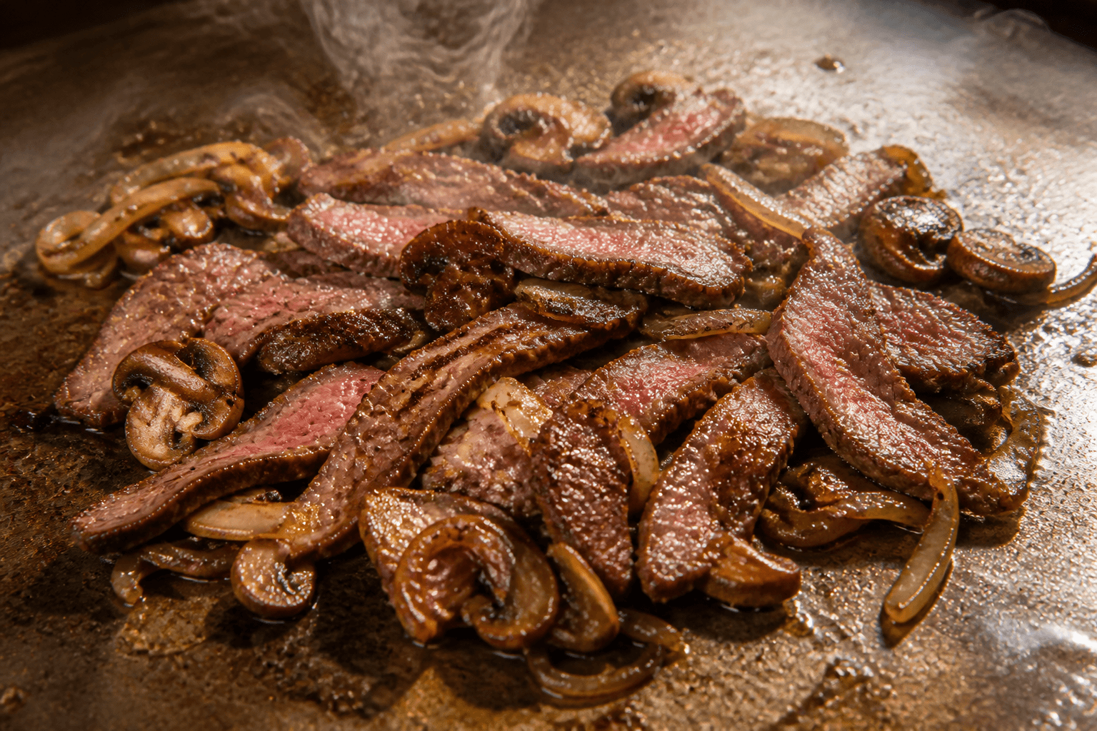 Tynde skiver flanksteak med svampe og løg på plancha