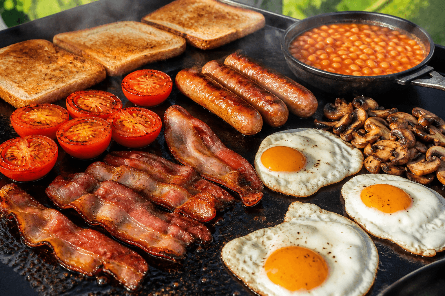 Full English breakfast på plancha med æg, bacon, pølser og tomater