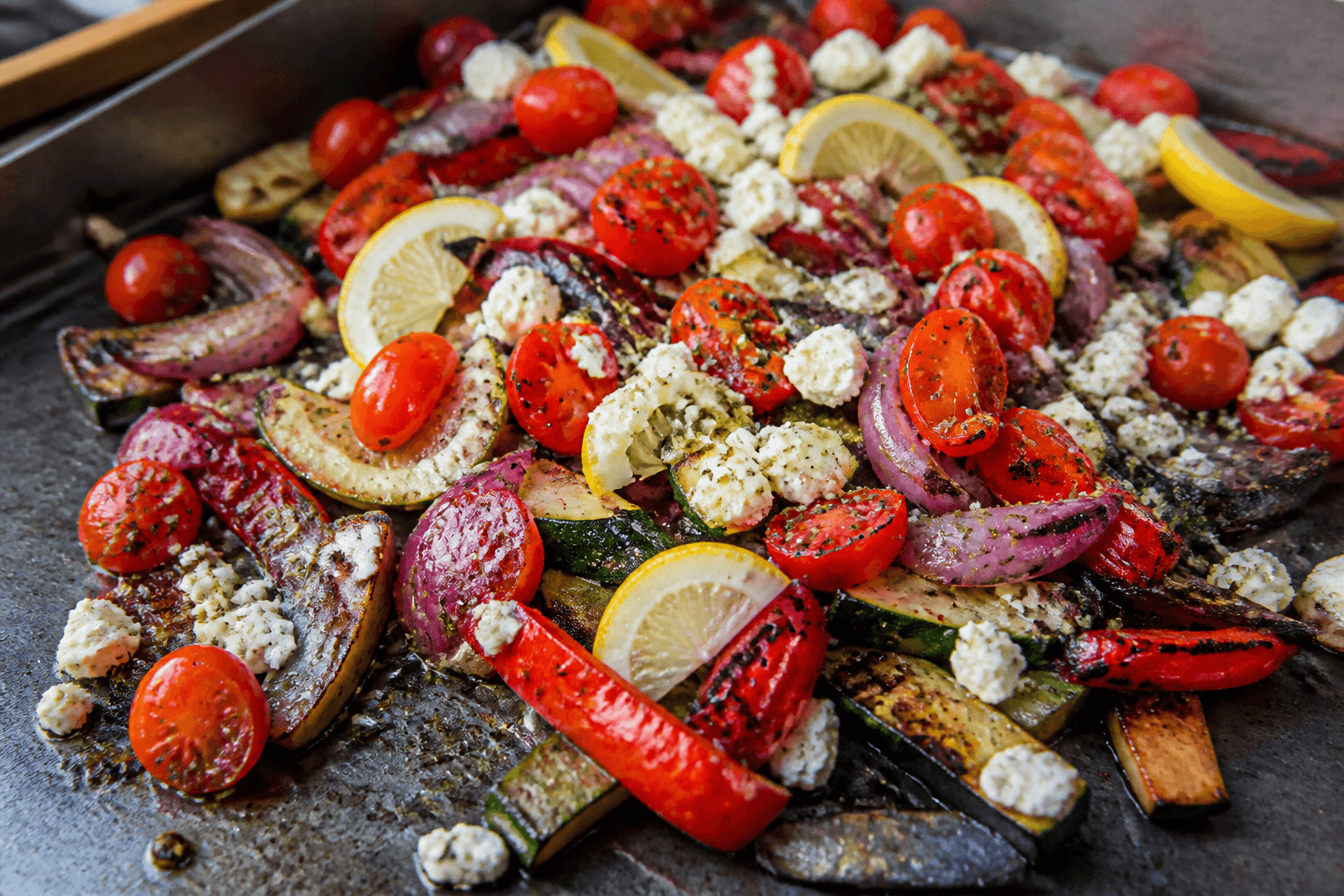 Lun græsk salat med peberfrugt, feta og oregano på plancha