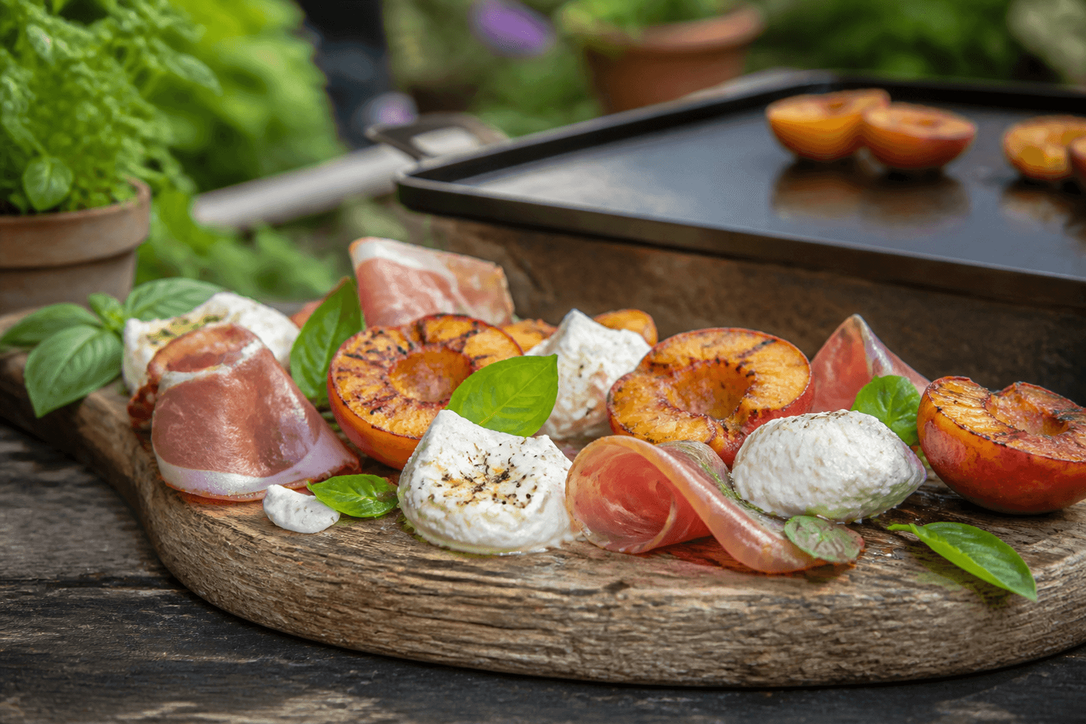 Grillede ferskner med burrata og parmaskinke på plancha