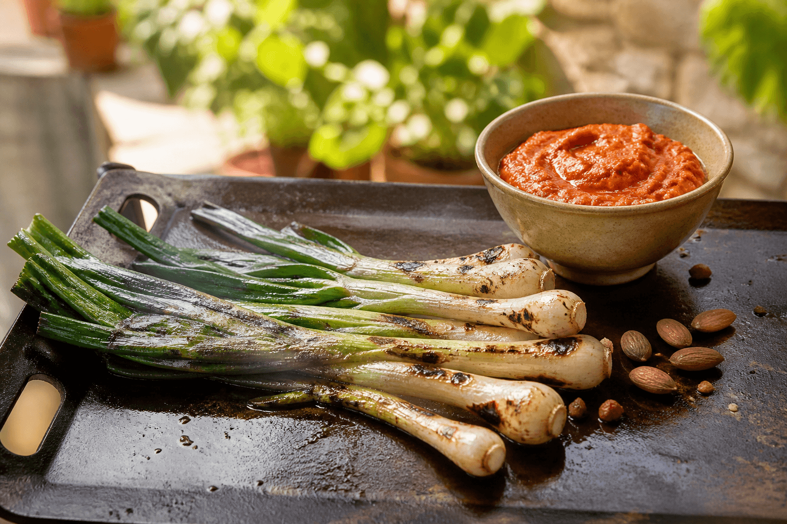 Grillede forårsløg med romesco-sauce på plancha