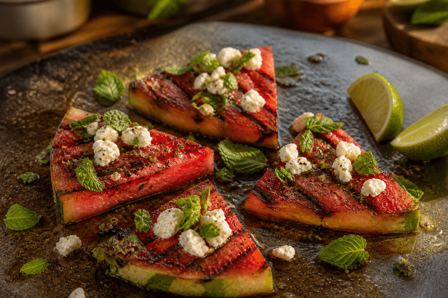Grillet vandmelon med gedeost, mynte og lime på plancha