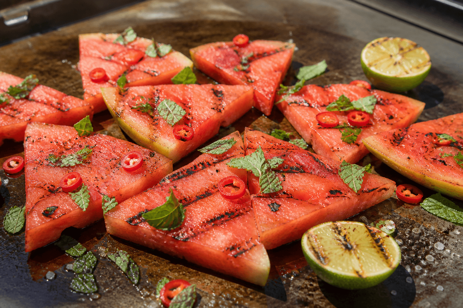 Grillet vandmelon på plancha med mynte og chili
