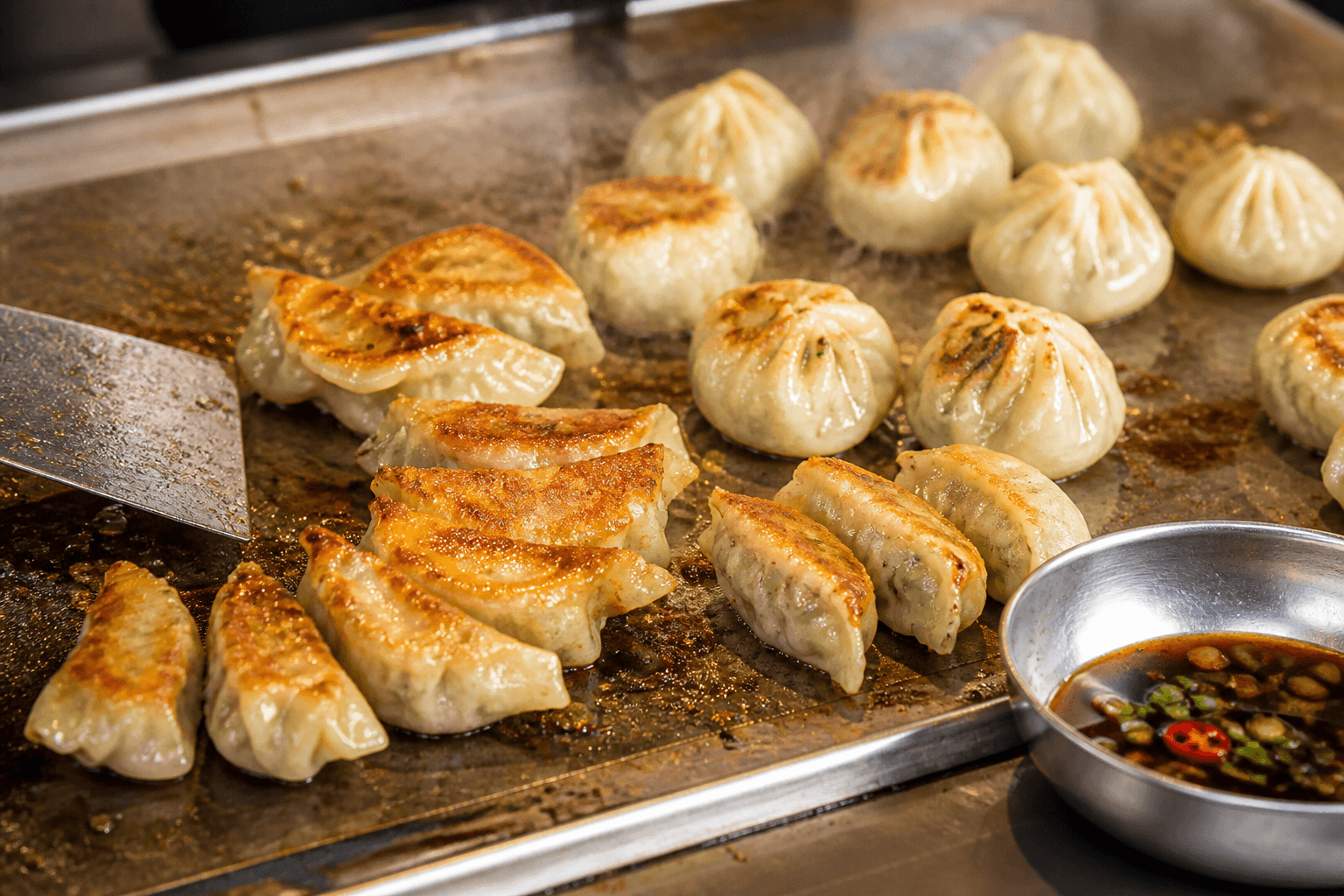 Sprøde gyoza med svinekød på plancha