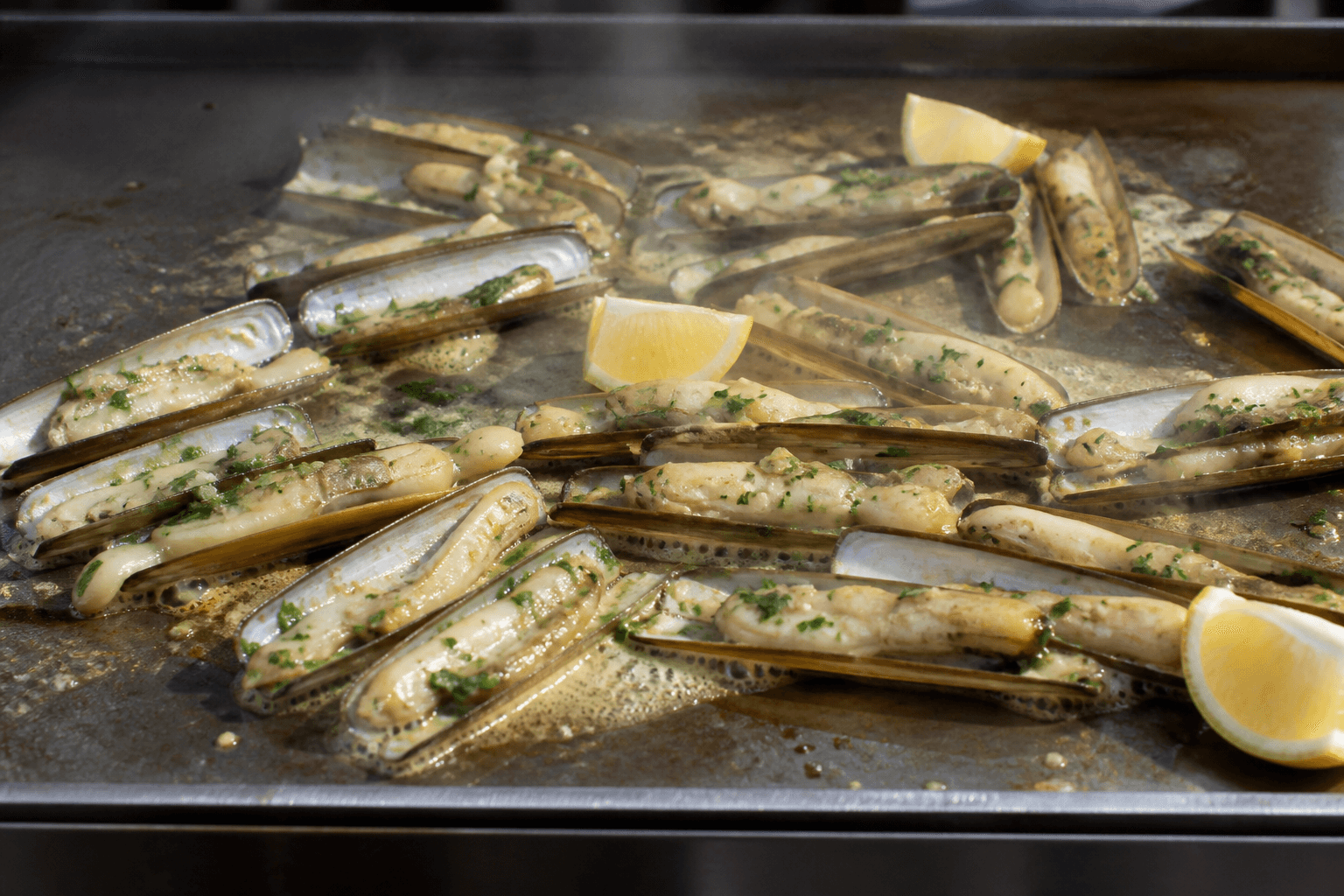 Knivmuslinger på plancha med hvidløg, hvidvin og persille