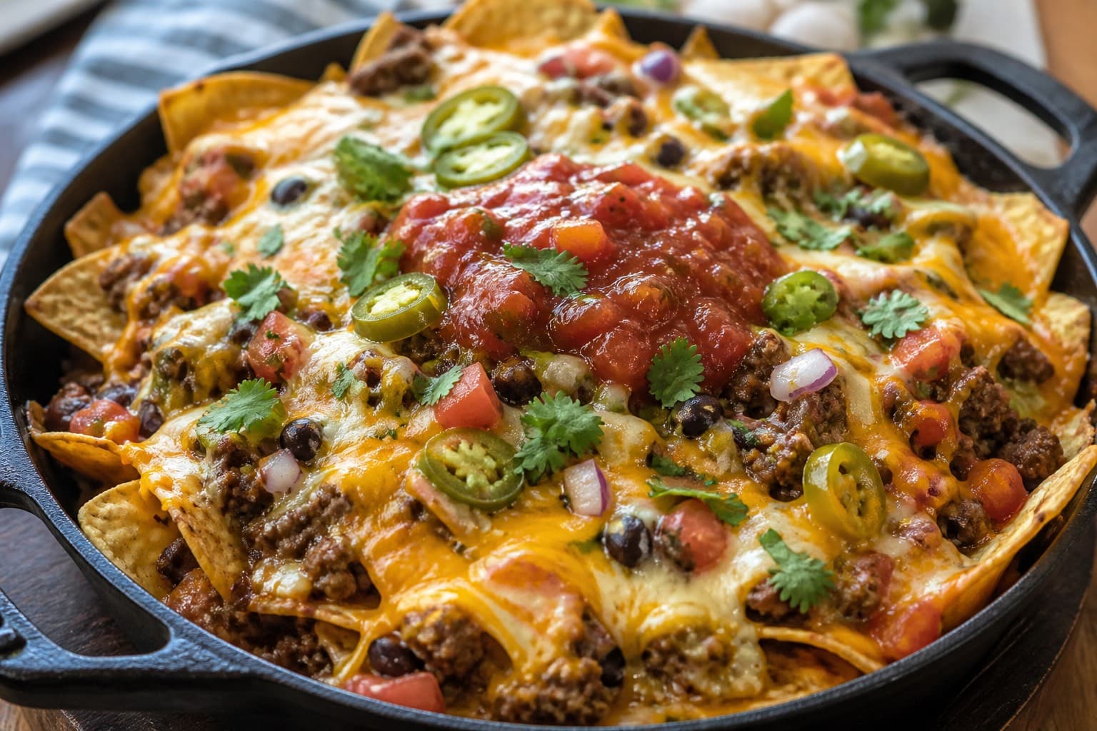 Loaded nachos i støbejernspande på plancha