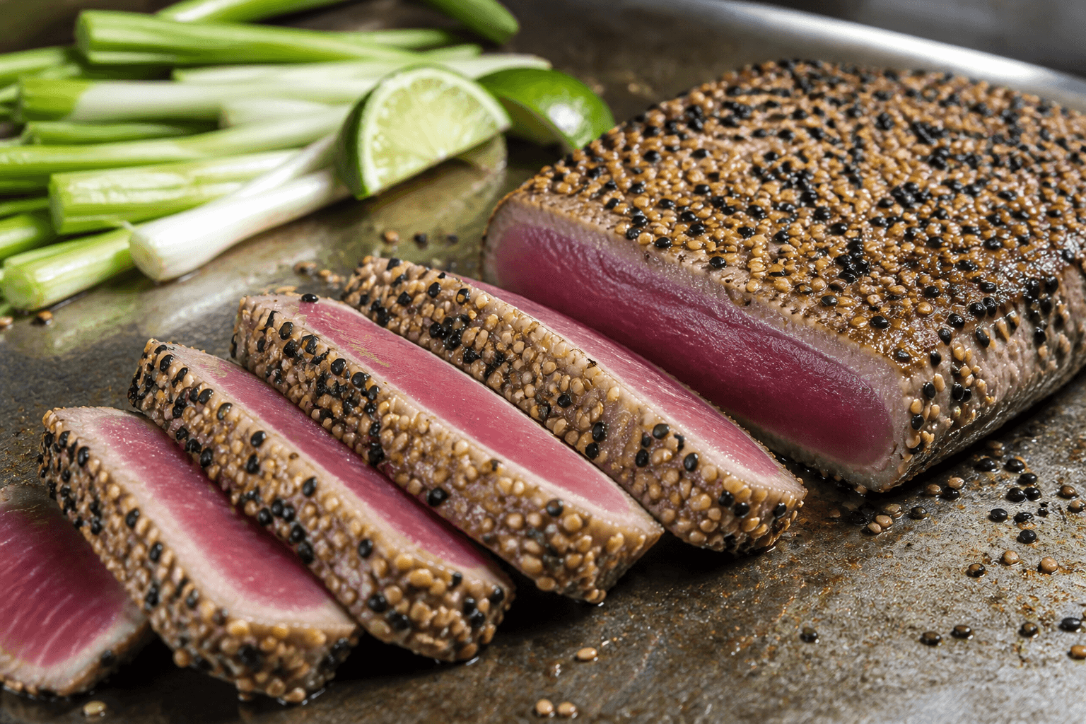 Lynstegt tunbøf med sesamskorpe på plancha