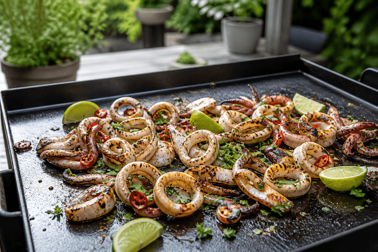 Marineret blæksprutte med chili og lime på plancha