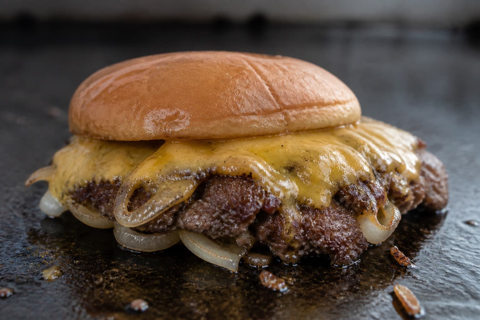 Oklahoma onion burgers med løg smash'et ind i kødet