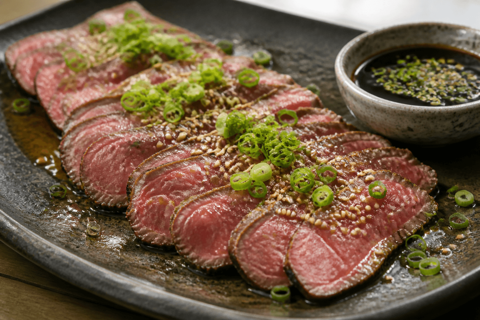 Oksemørbrad tataki med ponzu på plancha