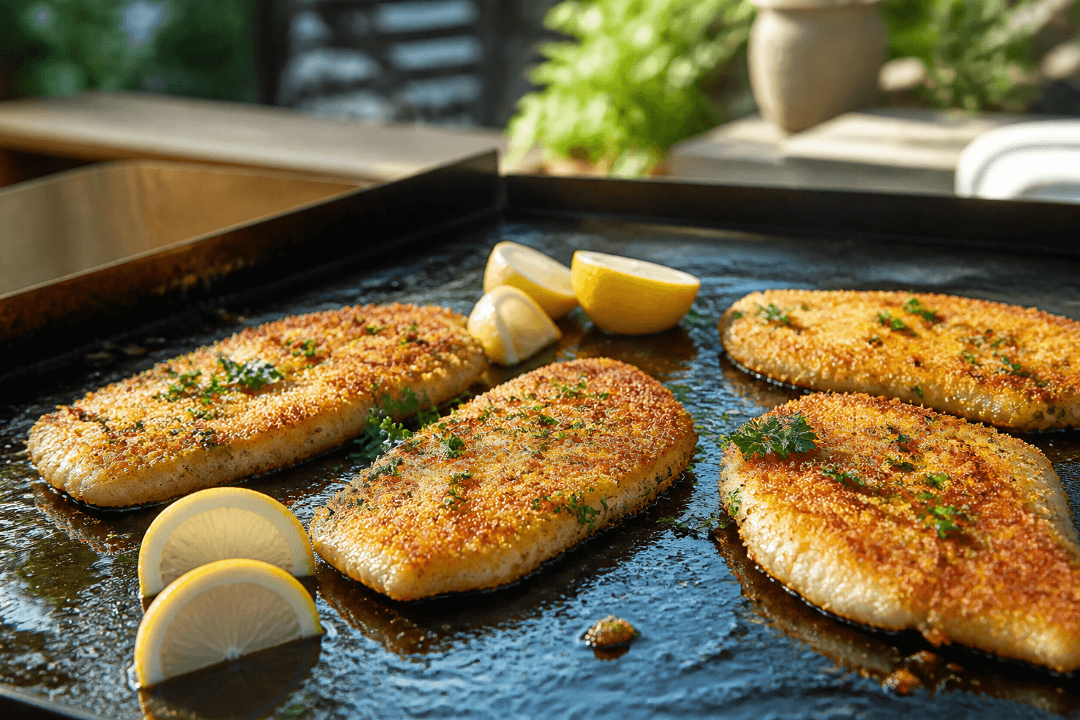 Pankopanerede fladfiskefileter med knasende skorpe på plancha