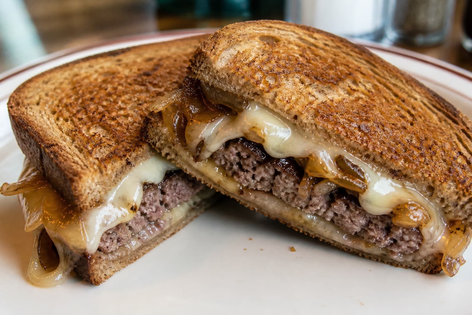 Patty melt med karamelliserede løg og ost på plancha