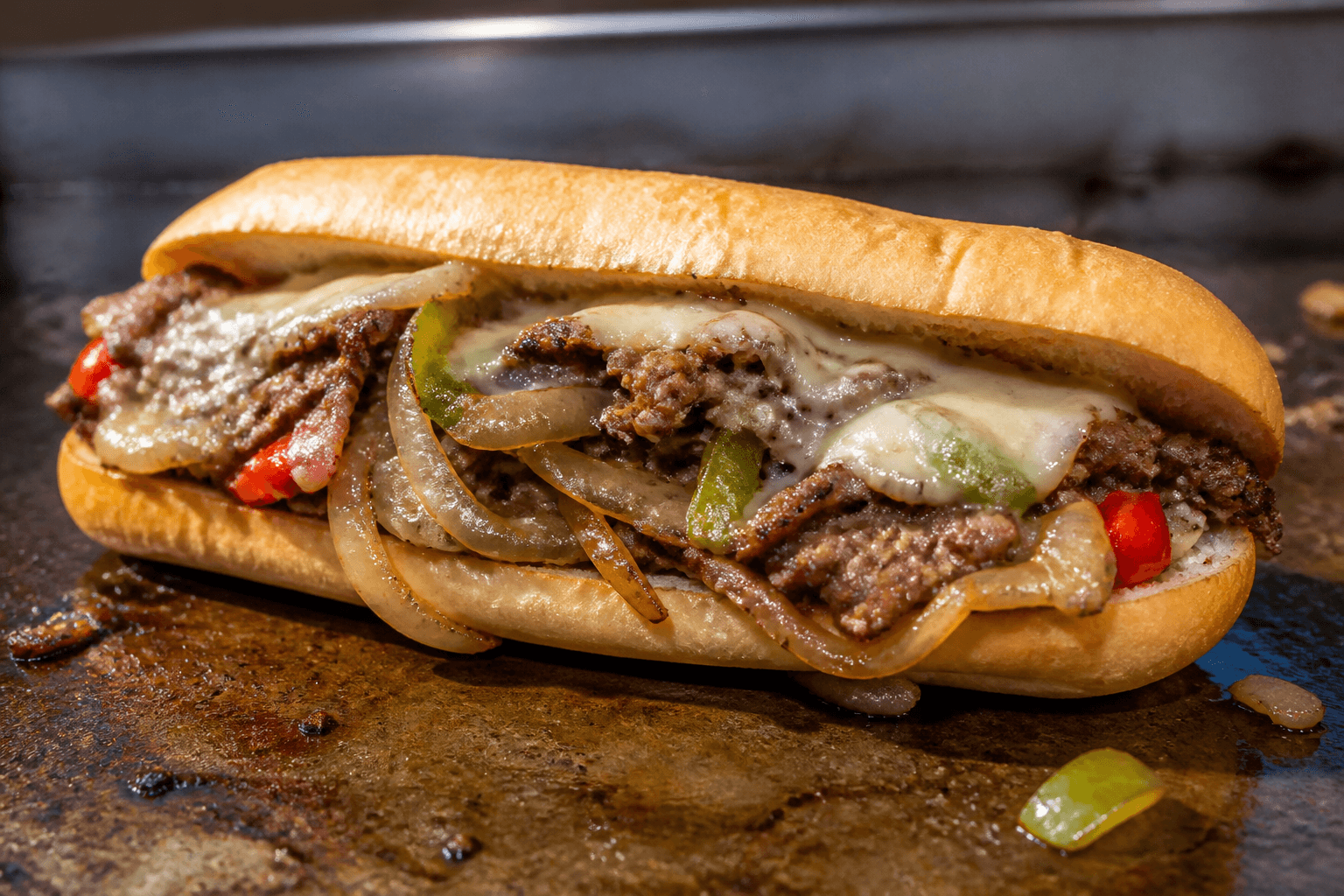 Philly cheesesteak sandwich på plancha med smeltet ost