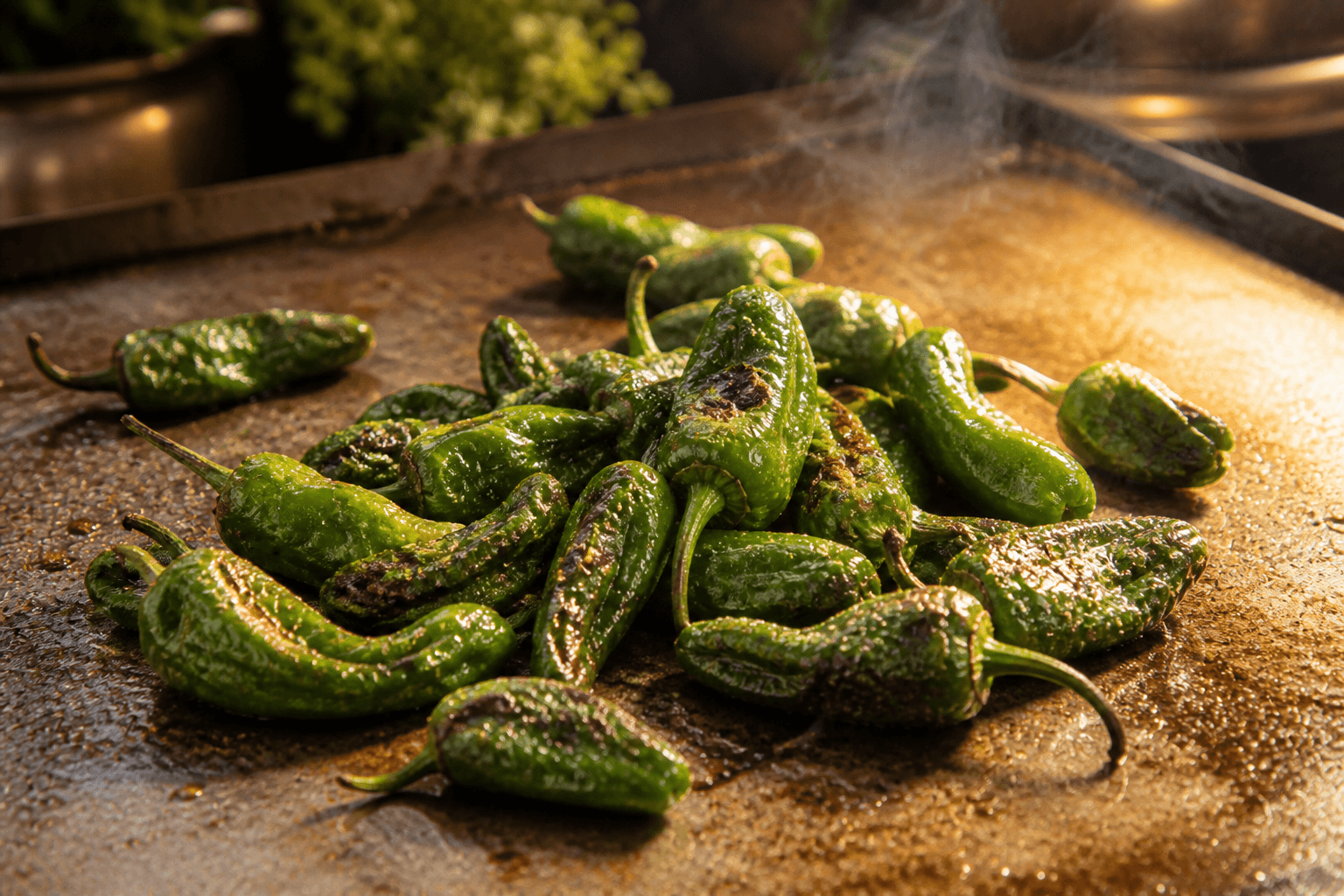 Pimientos de Padrón — små grønne peberfrugter på plancha