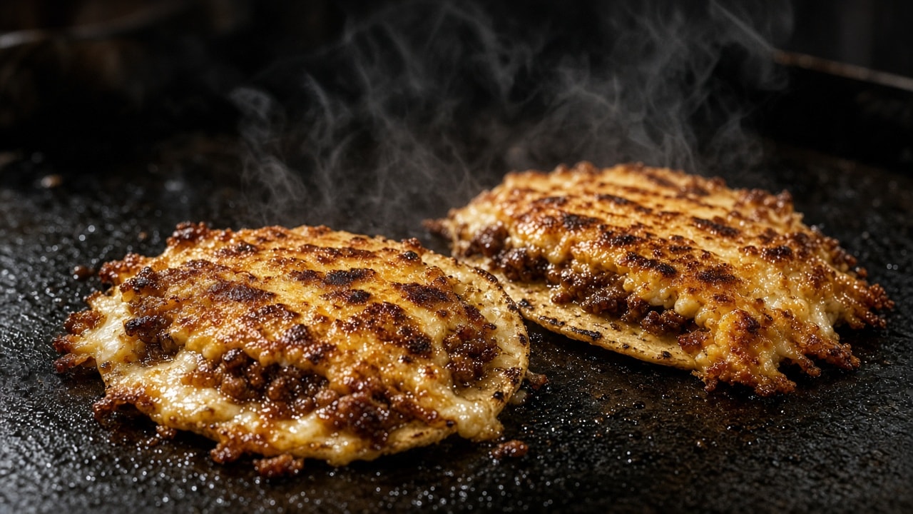 Plancha-smashed tacos med karamelliseret hytteost-skorpe
