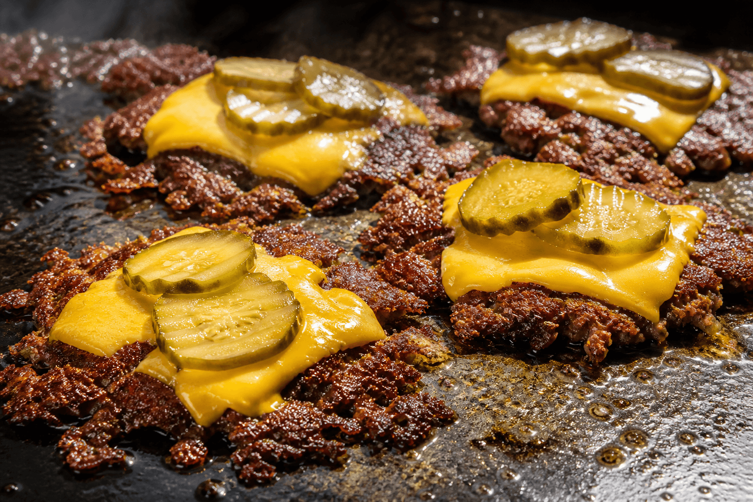 Smash burger på plancha med smeltet ost og skorpe