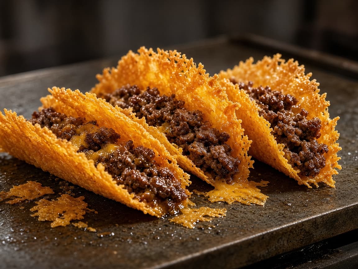 Smash-burger-tacos med sprøde osteskaller på en plancha