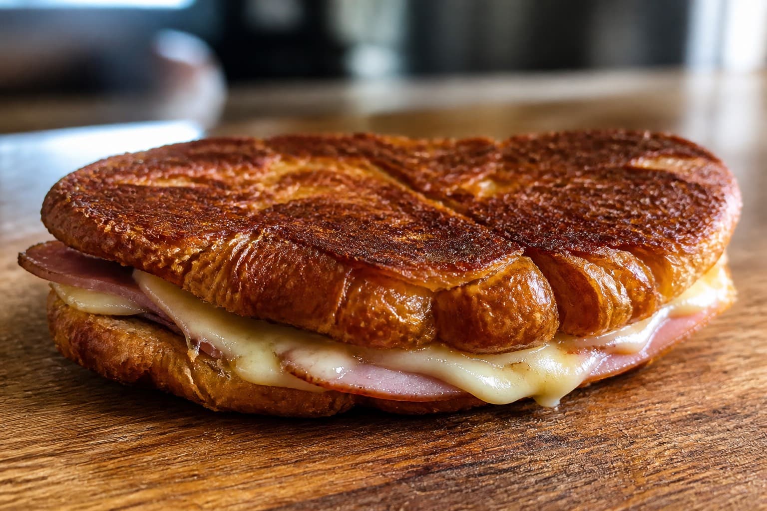 Smashed croissant sandwich med skinke og ost