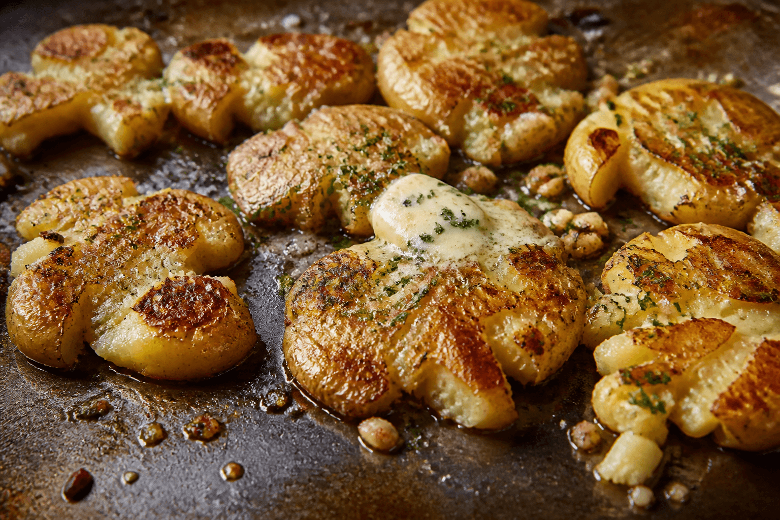 Smashed potatoes med hvidløgssmør på plancha