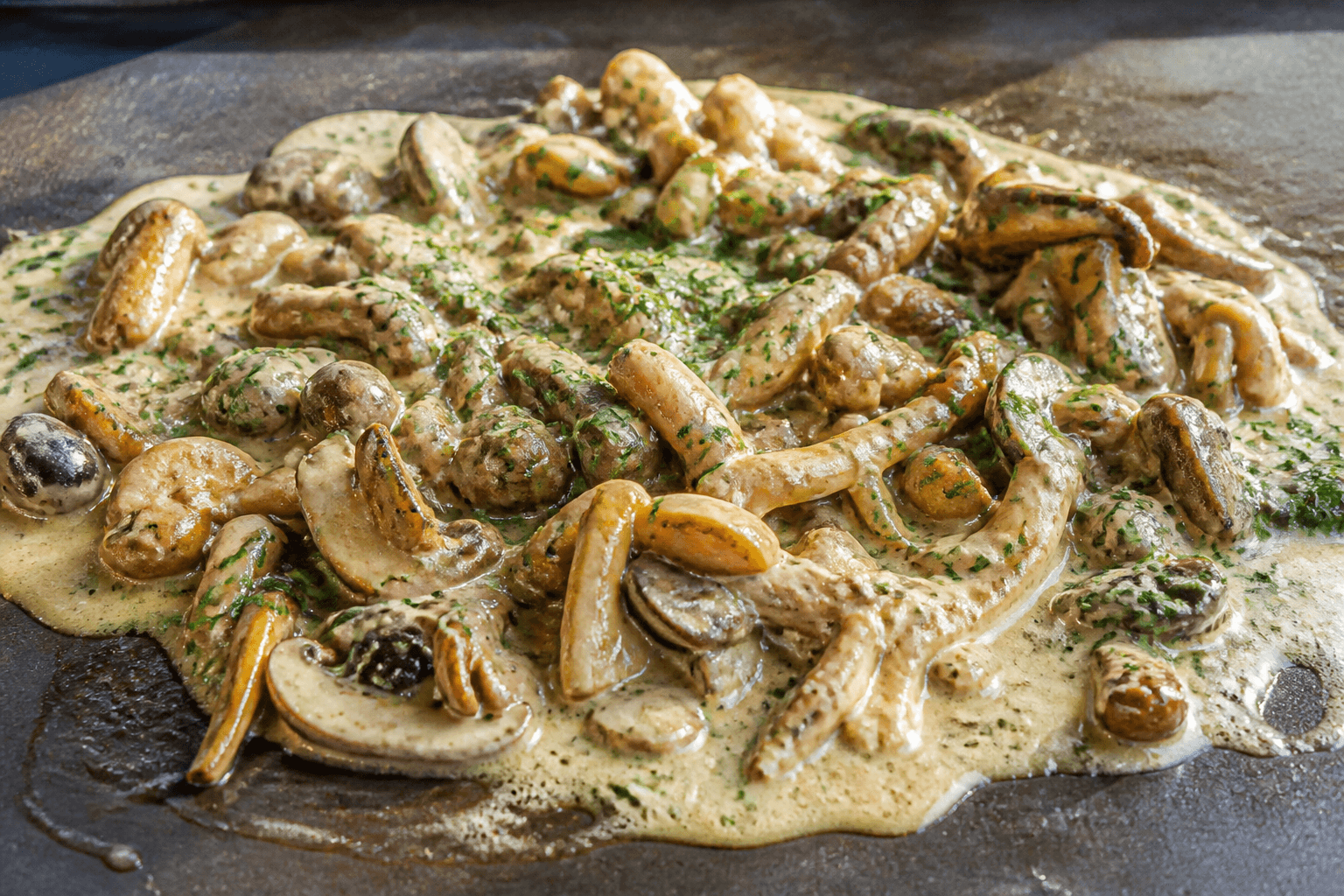 Svampe-frikassé på plancha med friske krydderurter