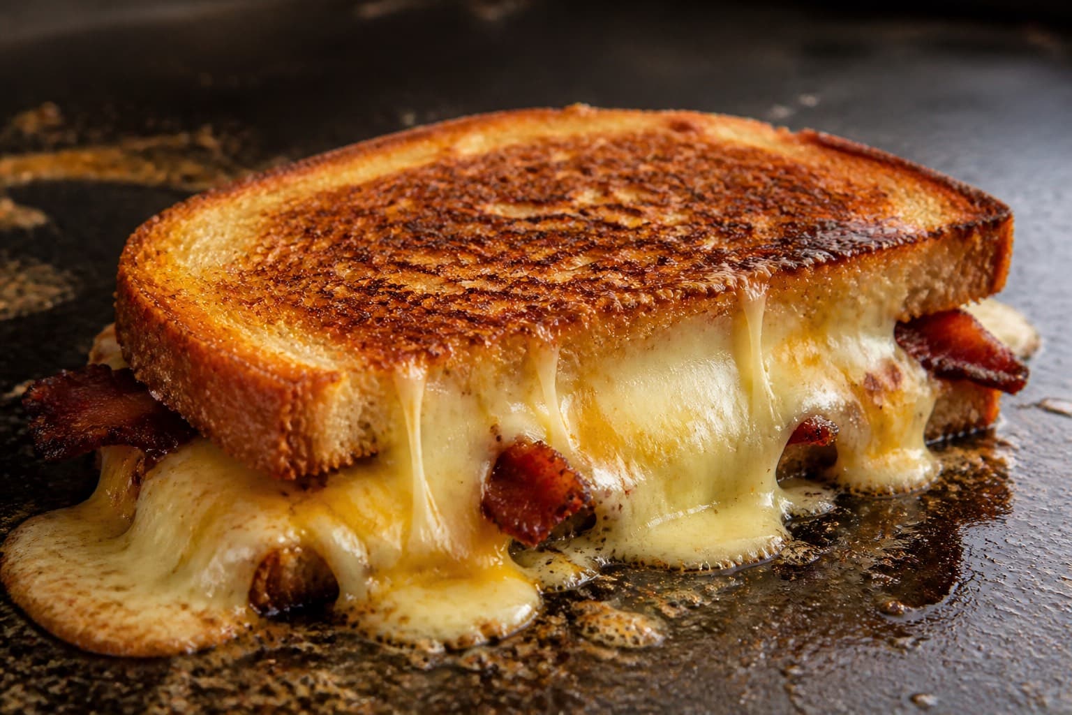 Grilled cheese med bacon og smeltet ost på plancha