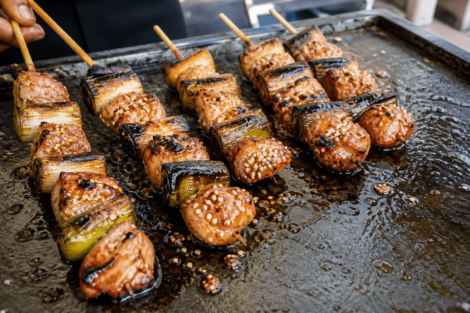 Yakitori-kyllingespyd med forårsløg på plancha