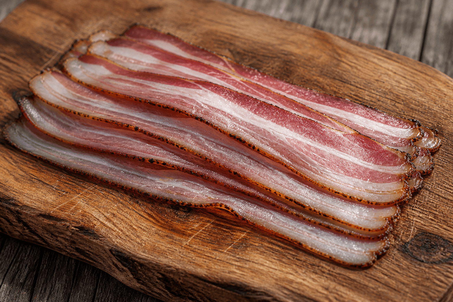 Skiver af hjemmelavet koldrøget bacon på træbræt