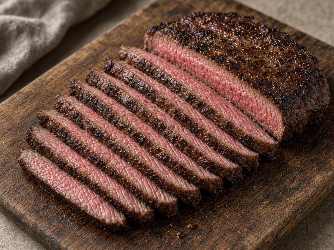 Skiver af røget flanksteak med mør skorpe