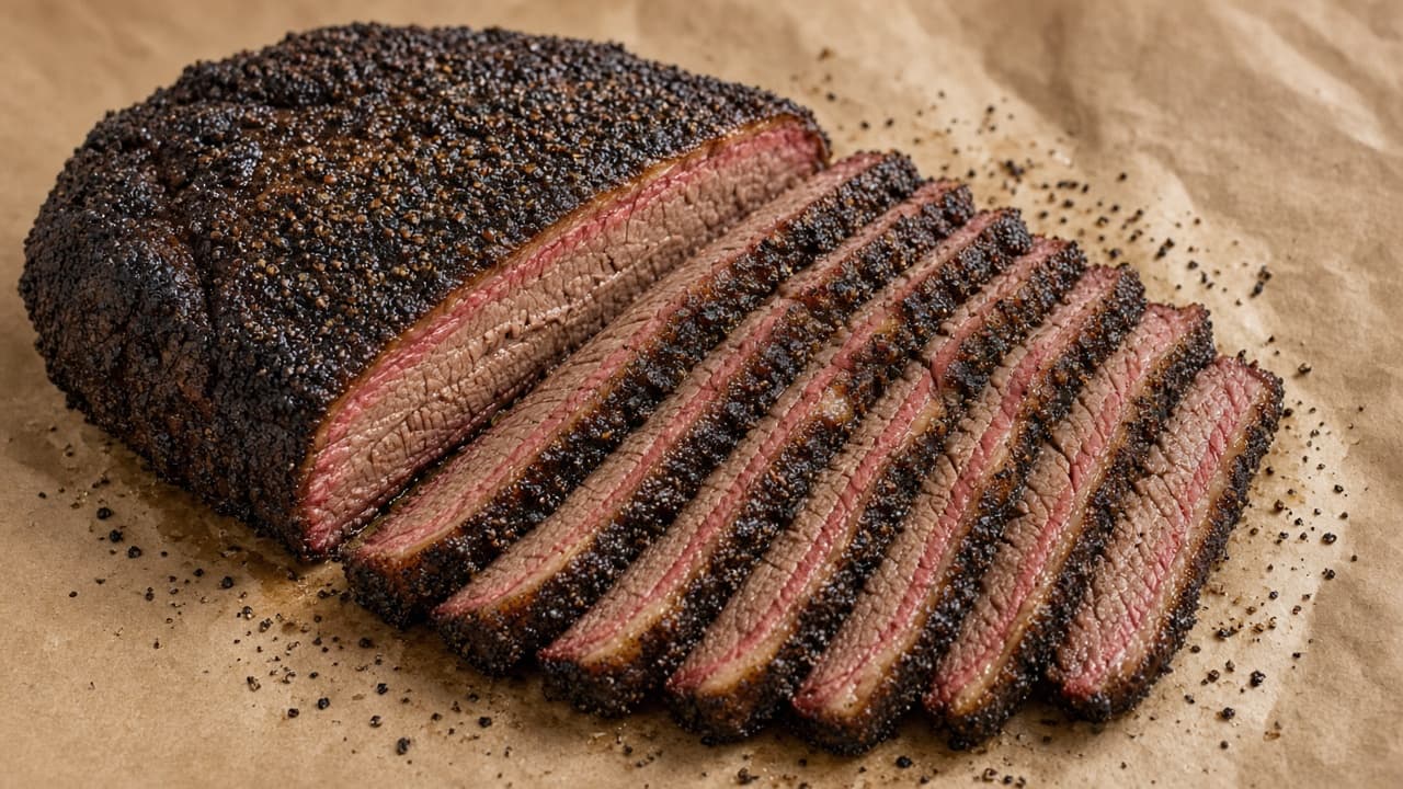 Pecan-røget brisket flat skåret i skiver med mørk peberbark