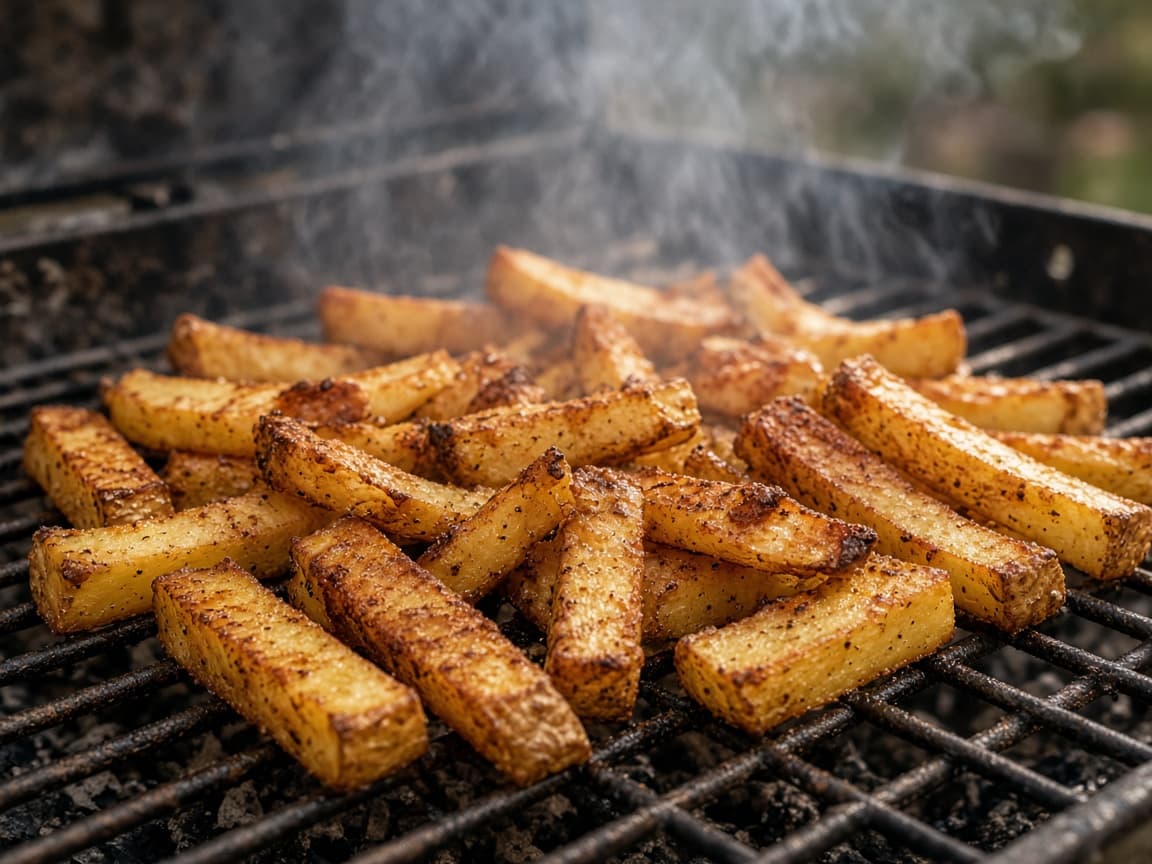 Røgede grovfritter fra grillen med gylden skorpe og røgaroma