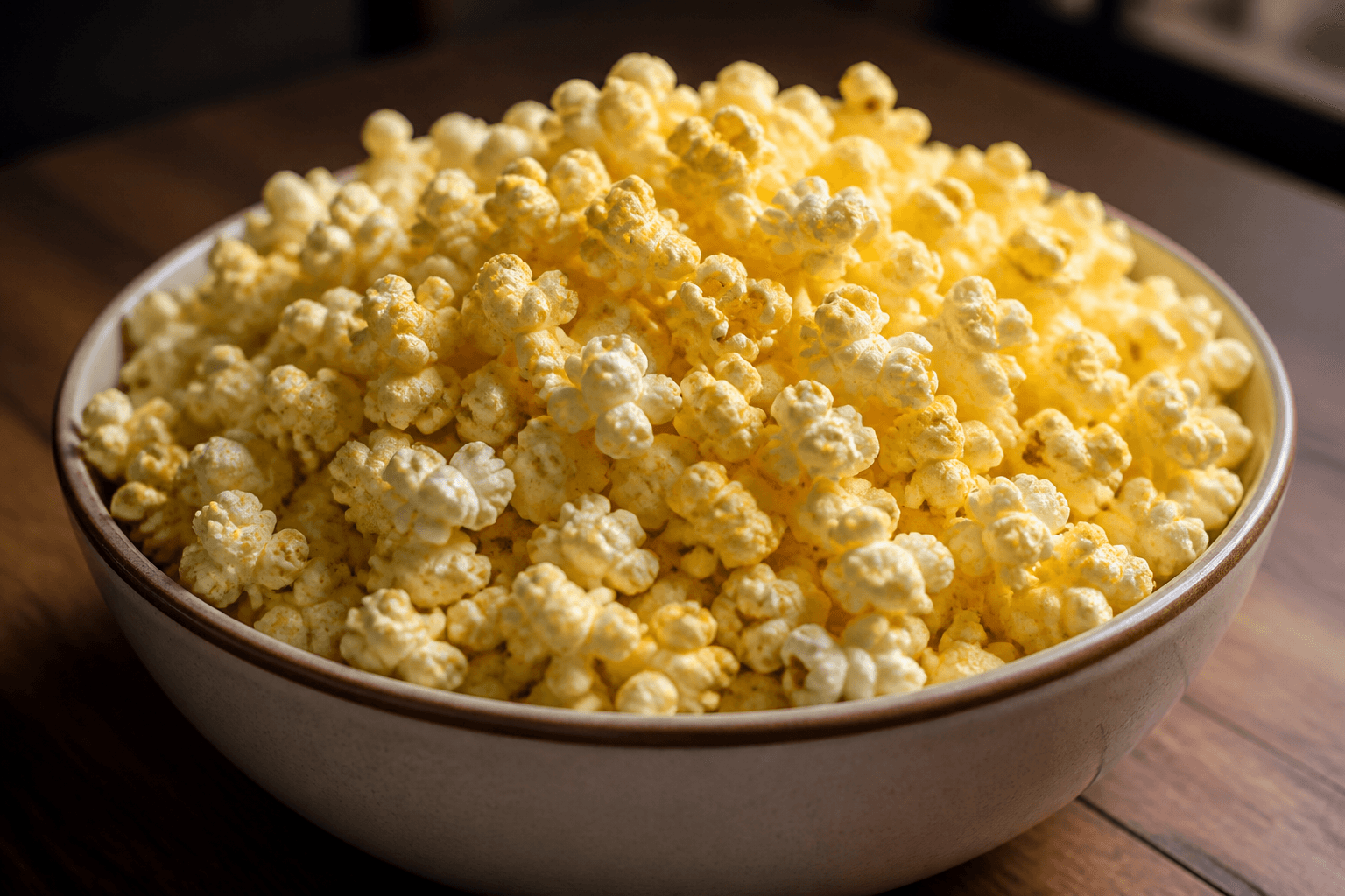 Røgede popcorn med smør i skål