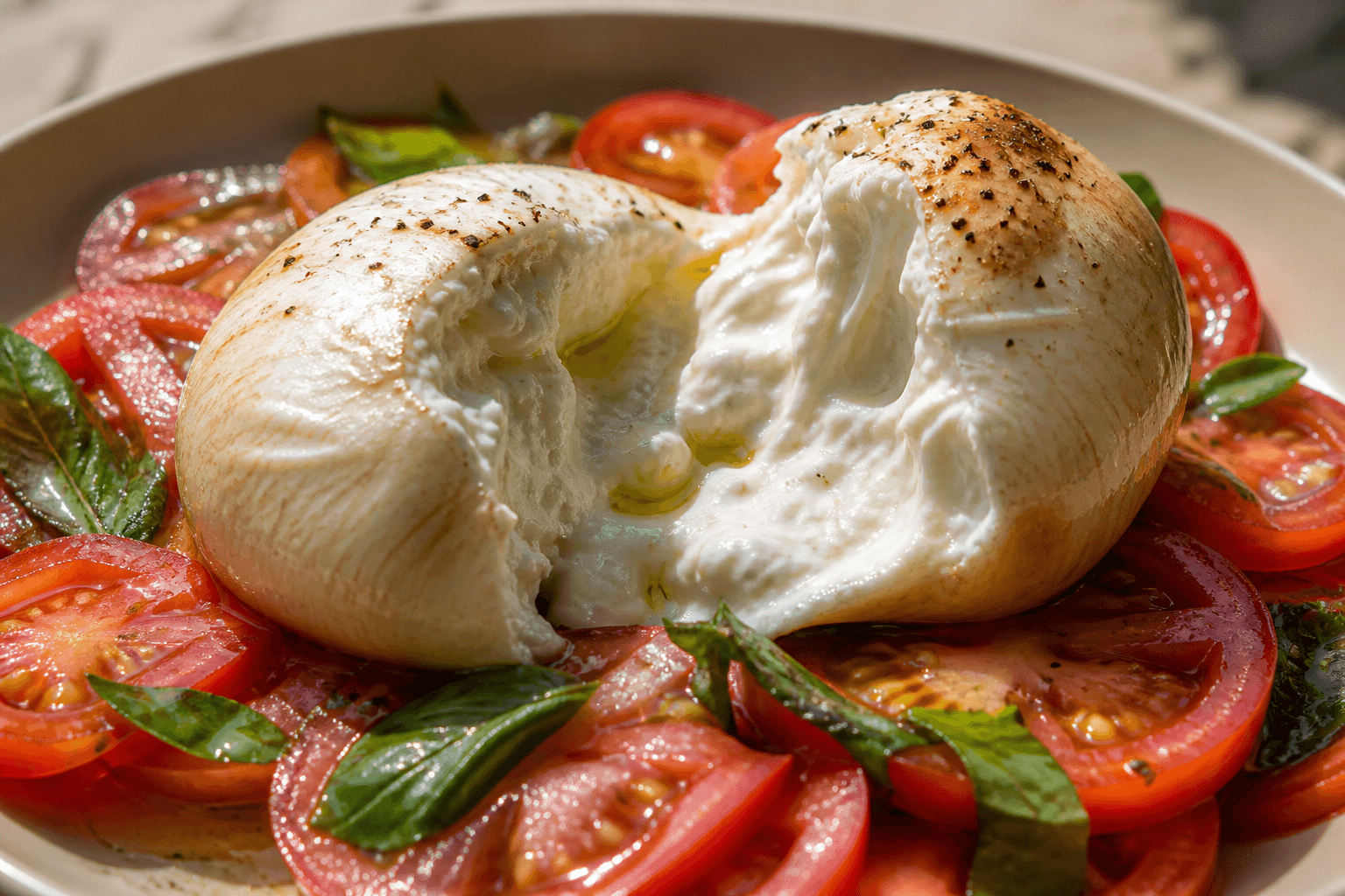 Røget burrata med tomater og olie