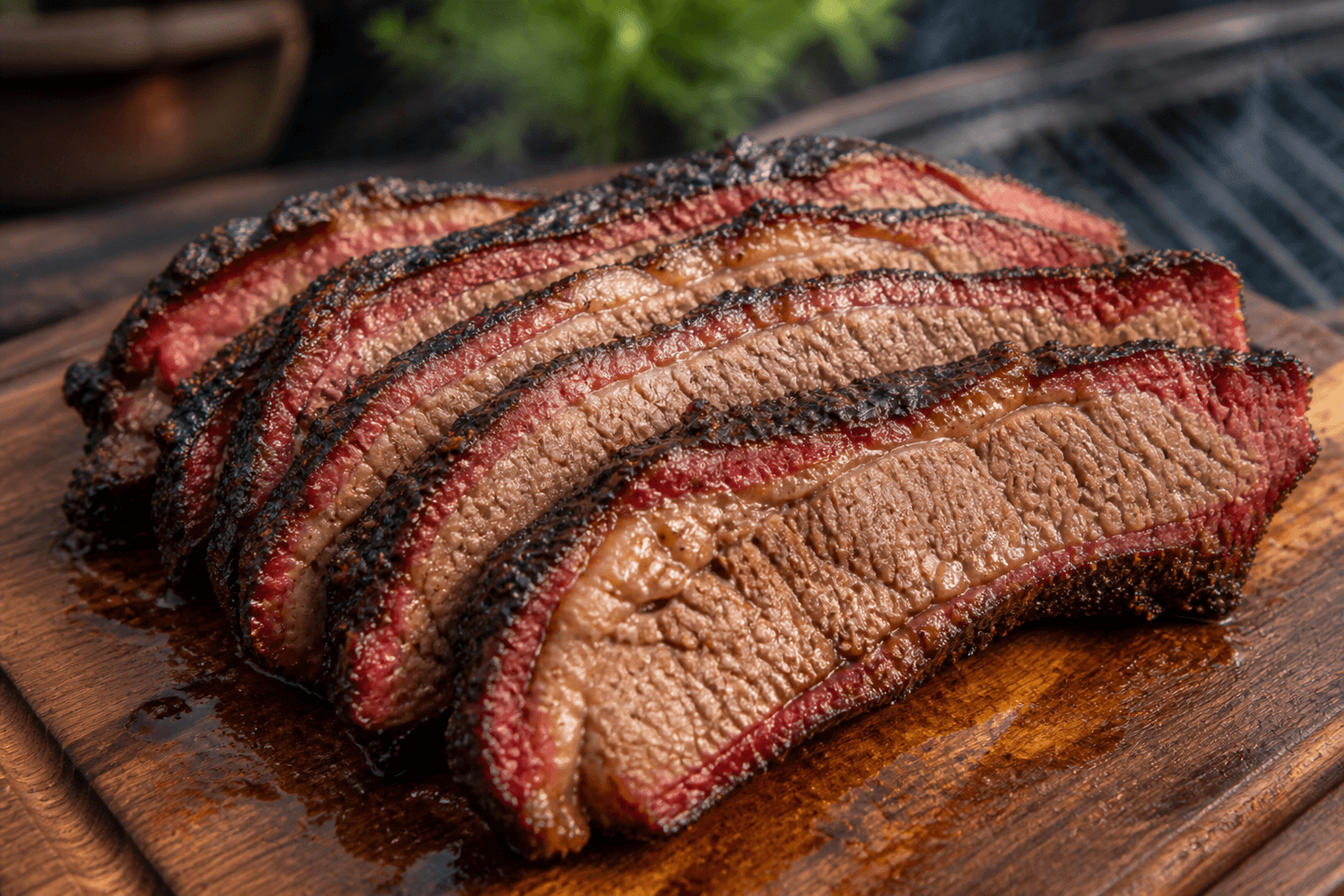 Skiver af smoked beef brisket med rød røgring