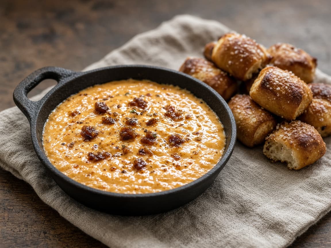 Smoked beer cheese dip i støbejern med chips