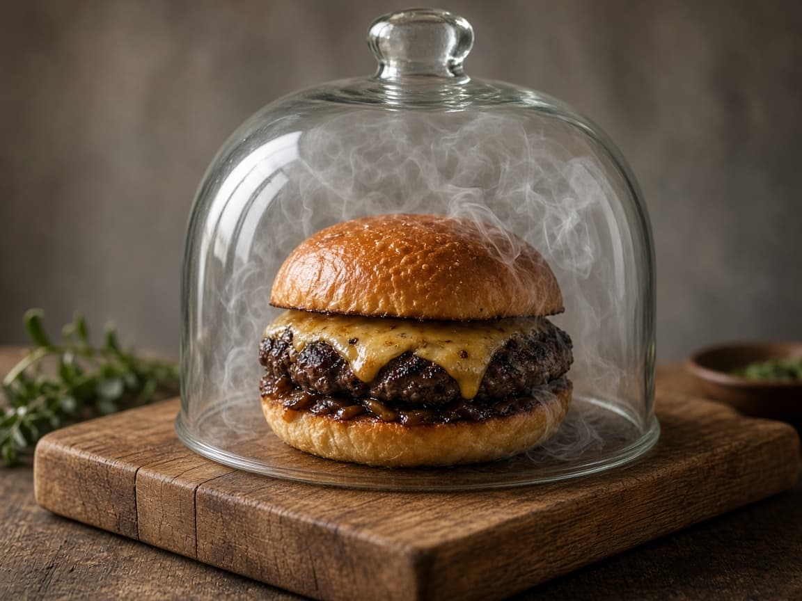 Cheeseburger under glasklokke med røg