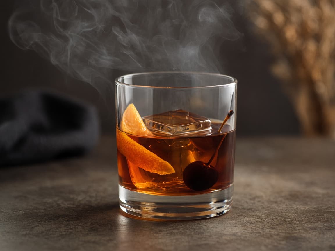 Smoked Old Fashioned med is og appelsinskal