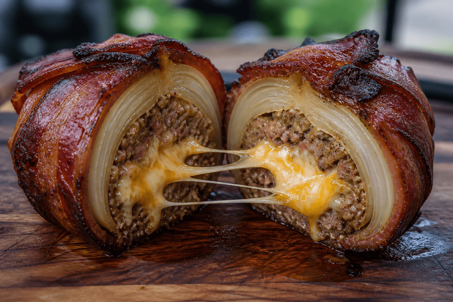 Bacon-wrapped smoked onion bombs skåret over