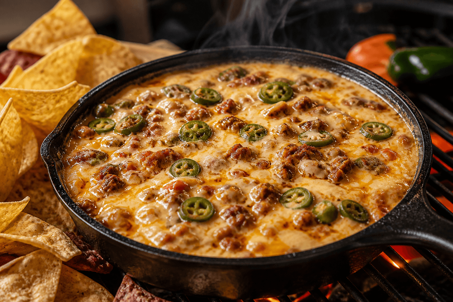 Smoked queso dip i støbejernspande